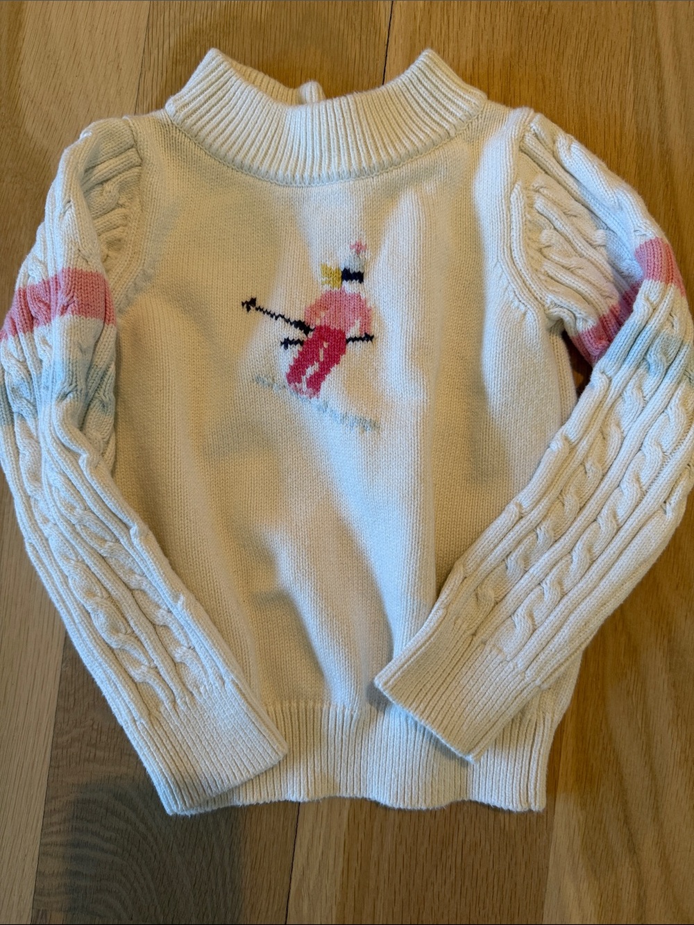 Janie and Jack Cream Cable-Knit Sweater with Pink Ski Motif